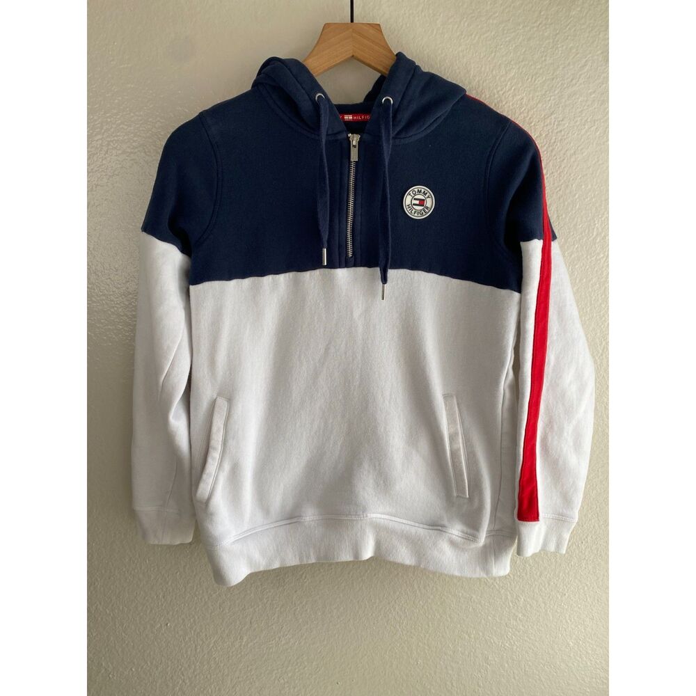 Tommy Hilfiger Sport Womens M Colorblock 1/4 Zip Hoodie Navy White Red Crest